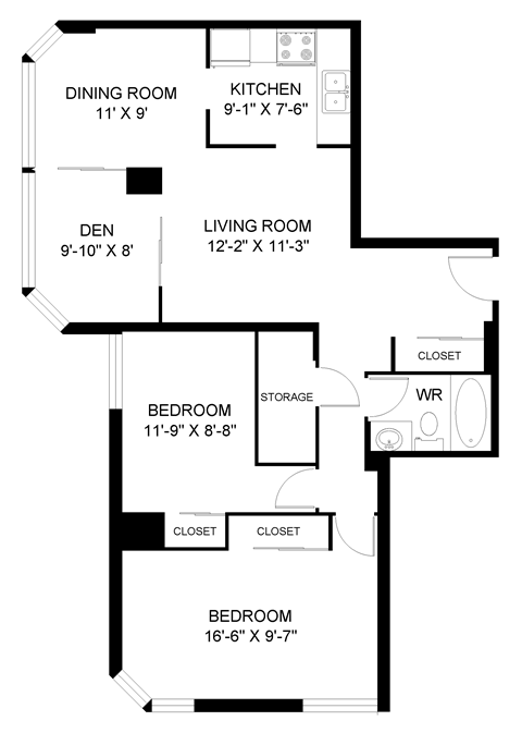 Floor plan for 2 beds, 1 bath, 961 sqft